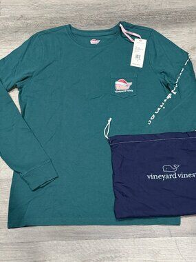 Vineyard Vines Womens Christmas Whale Pocket Tee LS Deep Juniper Size Small